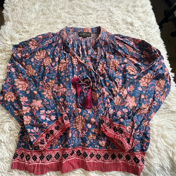 Nat by Natalie Martin Lola Blouse Boho Floral Split Neck Tassel Peasant Top - Picture 2 of 5